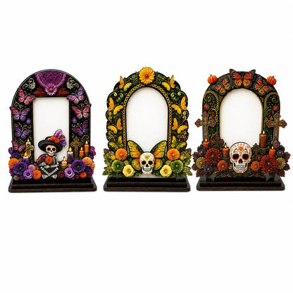 💀 DAY OF THE DEAD DECOR | 6 Wooden Memorial Photo Frames – Colorful Ofrenda Picture Frame Set with Floral Details