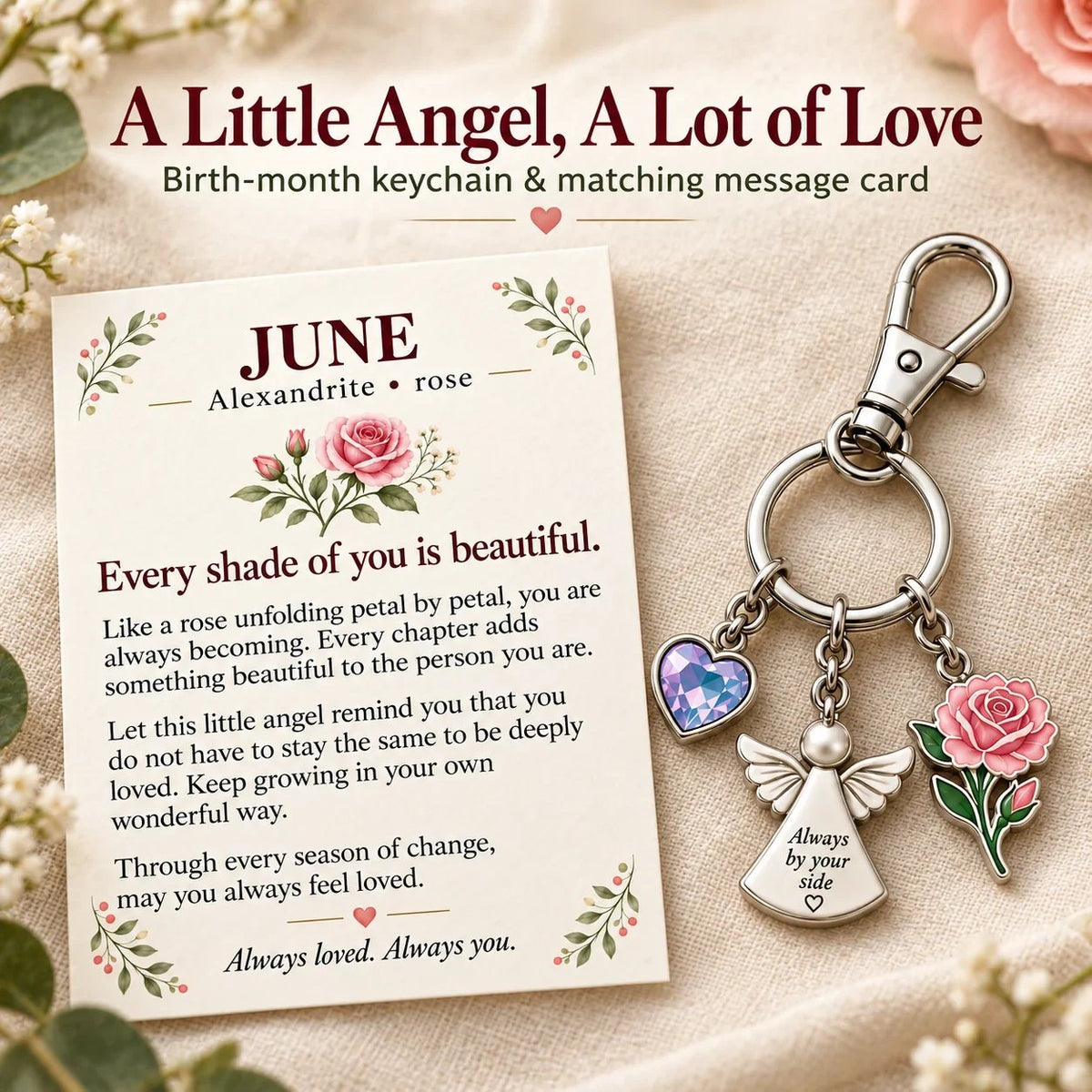 🔥Last Day Only＄13.99👼 Always By Your Side: Birth Month Angel & Flower Keychain + Keepsake Card 🌸