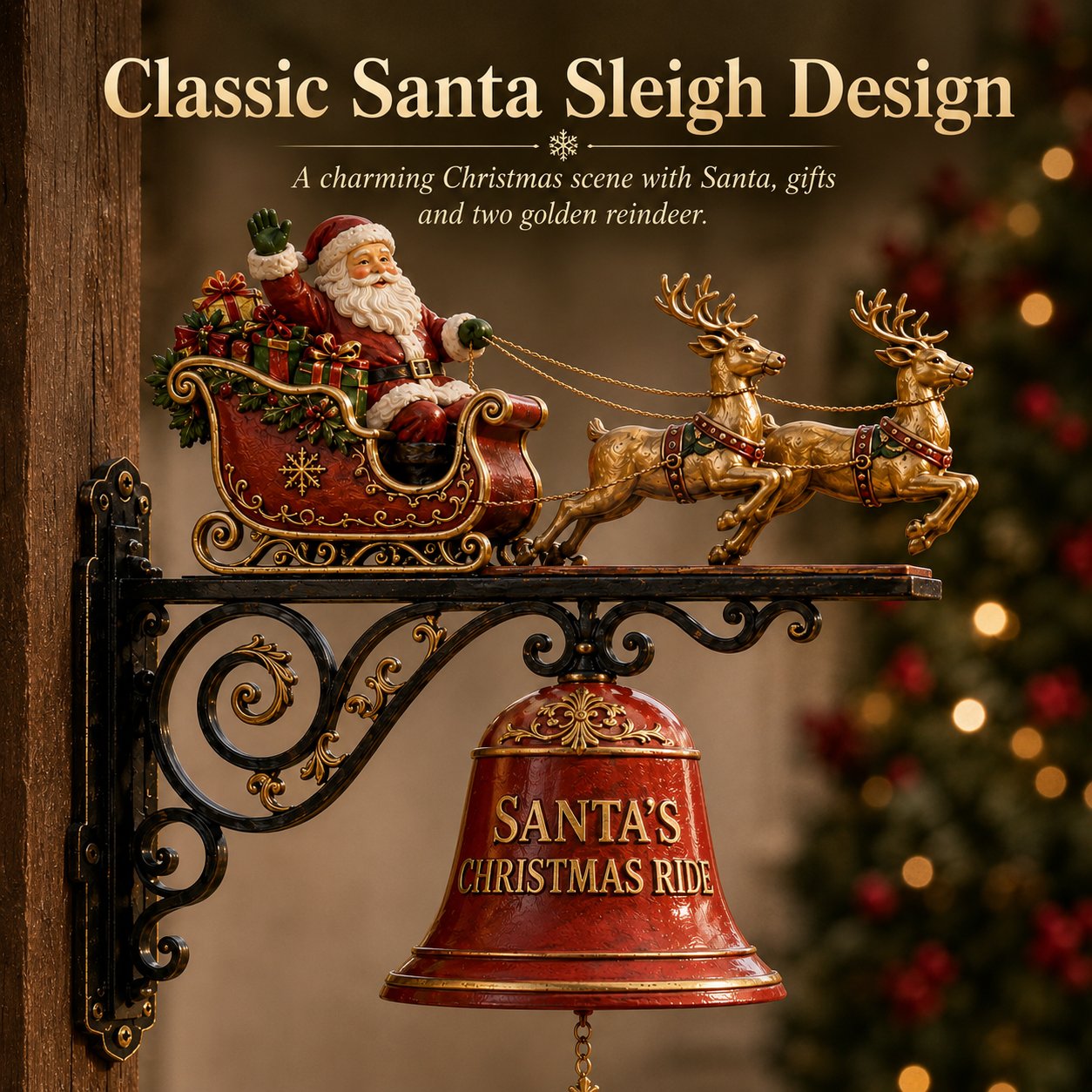 🎅 Santa Sleigh & Reindeer Christmas Bell – Vintage Holiday Door & Porch Decor