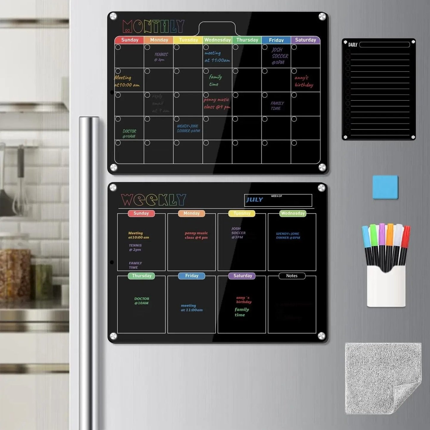 ✨Black Dry Erase Boards Set - 3 Magnetic Boards for Refrigerator, Monthly, Weekly Organizer & Daily Notepad 🧲