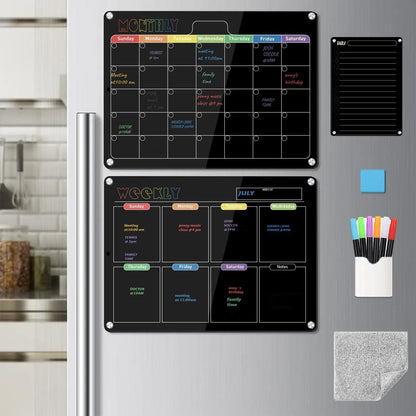 ✨Black Dry Erase Boards Set - 3 Magnetic Boards for Refrigerator, Monthly, Weekly Organizer & Daily Notepad 🧲