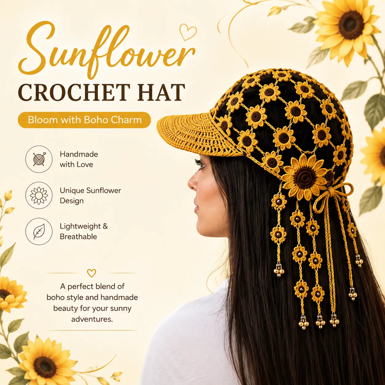 Handcrafted Floral Crochet Baseball Cap | Hollow-Out Knit Boho Hat with Hanging Tassels