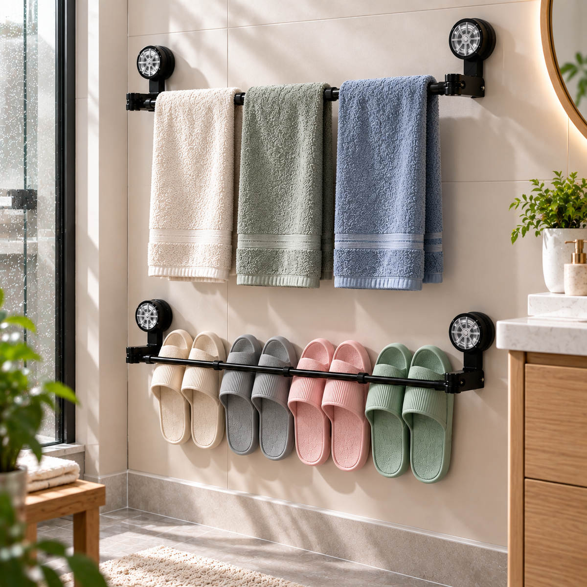 🏠 Adjustable Wall-Mounted Slipper & Towel Storage Rack