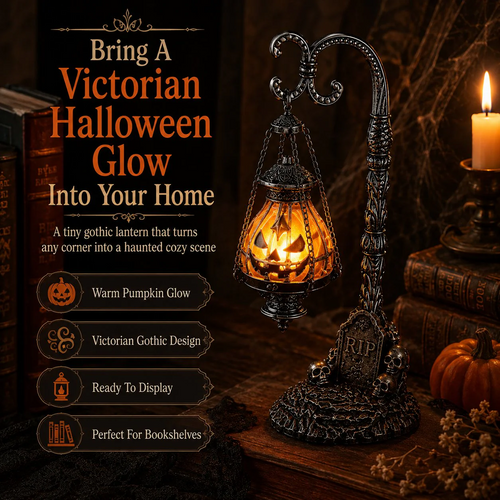 🔥Halloween Early Bird Sale🎃 Gothic Pumpkin Lantern Stand | Warm Orange LED Glow, Victorian Skull Details & Haunted Shelf Decor 🕯️