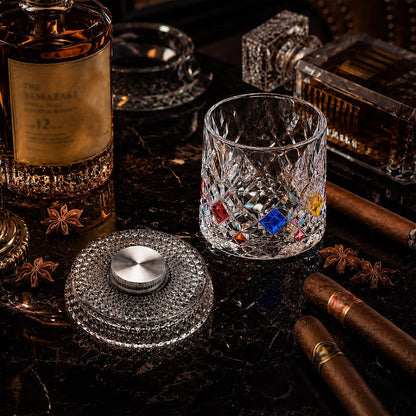 Spinning Whiskey Glasses, Vintage Colored Crystal Whiskey Glass, Hand-Painted Old Fashioned Tumbler for Bourbon, Scotch, Cocktails, Decorative Drinking Glass for Home Bar