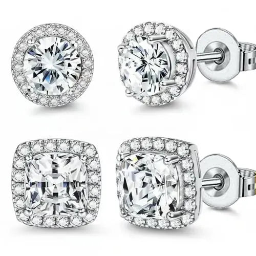 Halo Stud Earrings 4-Pack- Gold & Silver Round/Square Styles
