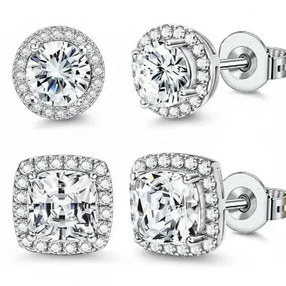 Halo Stud Earrings 4-Pack- Gold & Silver Round/Square Styles