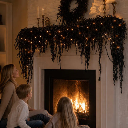 🎃Halloween Fireplace Decor Set with LED Lights – Black Vine Garland for Mantel, Door Frame, Window & Spooky Party Decor👻