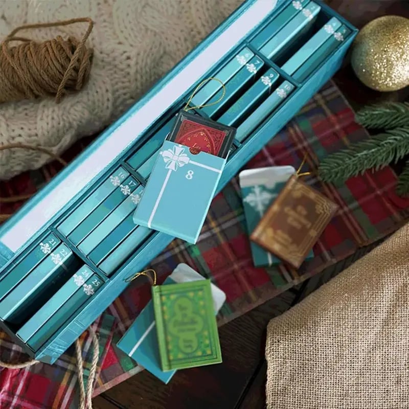 Blue Mini Book Advent Calendar with daily book ornament surprise