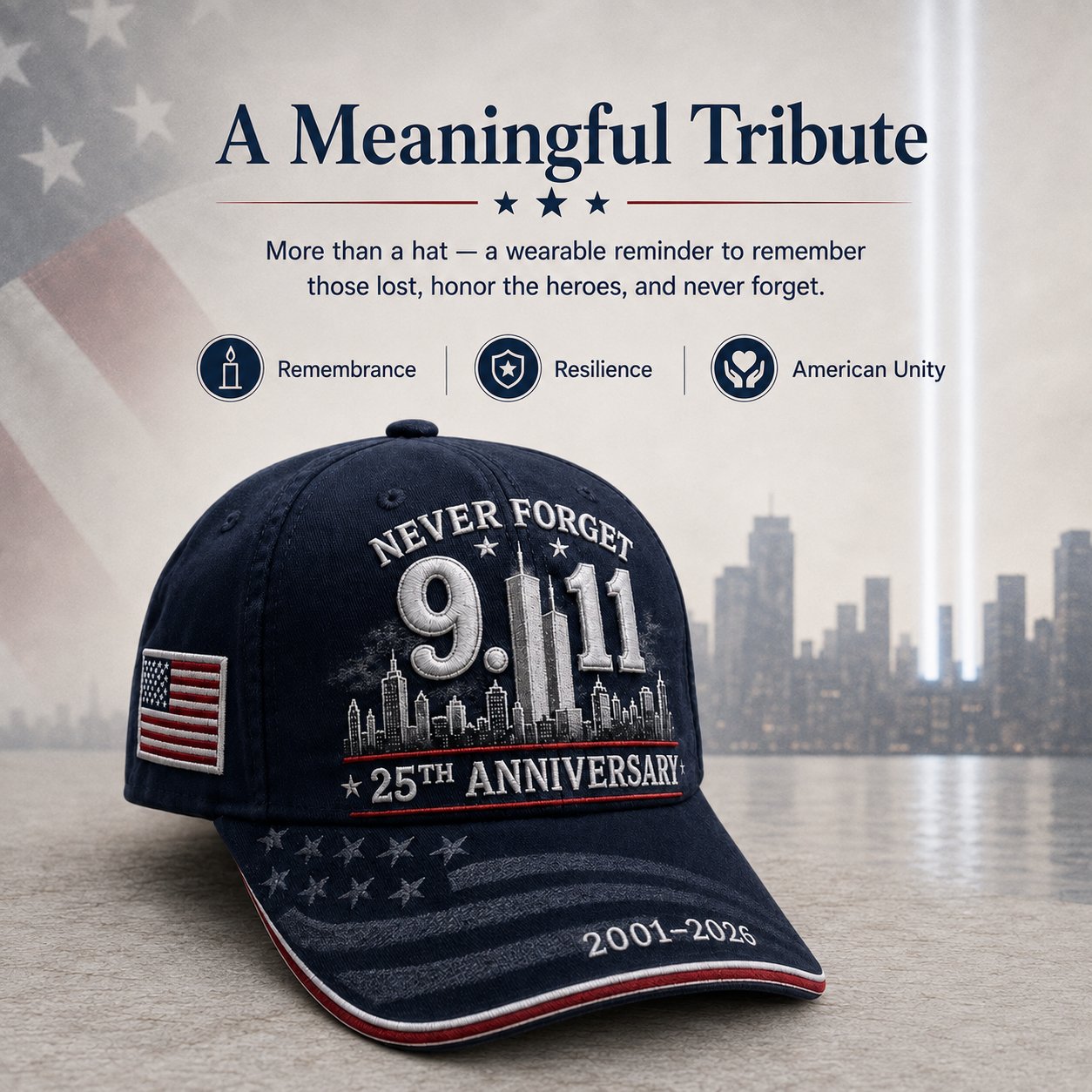 🔥🎁9/11 Never Forget 25th Anniversary Embroidered Cap – Unisex Patriotic Memorial Hat🧢