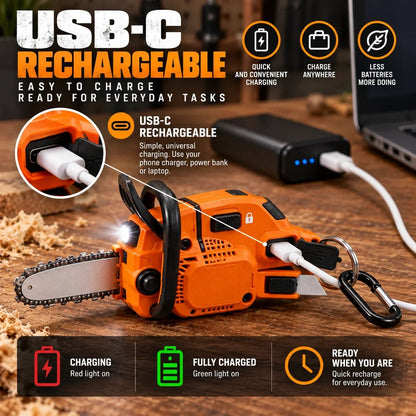 🪚 Mini Chainsaw Keychain Multi-Tool – Rechargeable LED Flashlight & Retractable Utility Cutter