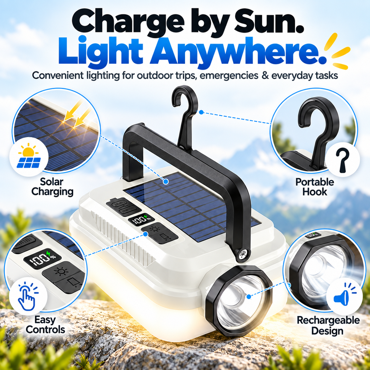 🏕️🔥Dual‑Light Solar Camping Lantern‑Multi‑Function Portable Solar Work Light with Power Bank, Hanging Emergency Lamp for Camping Hiking Power‑Outage