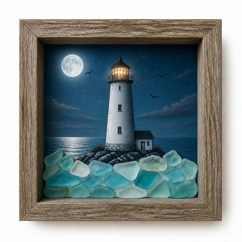 Coastal Lighthouse Sea Glass Shadow Box Night Light