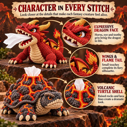 🐉 Fantasy Crochet Tissue Box Cover DIY Kit | Dragon or Lava Turtle Design with Functional Tissue Dispenser 🧶