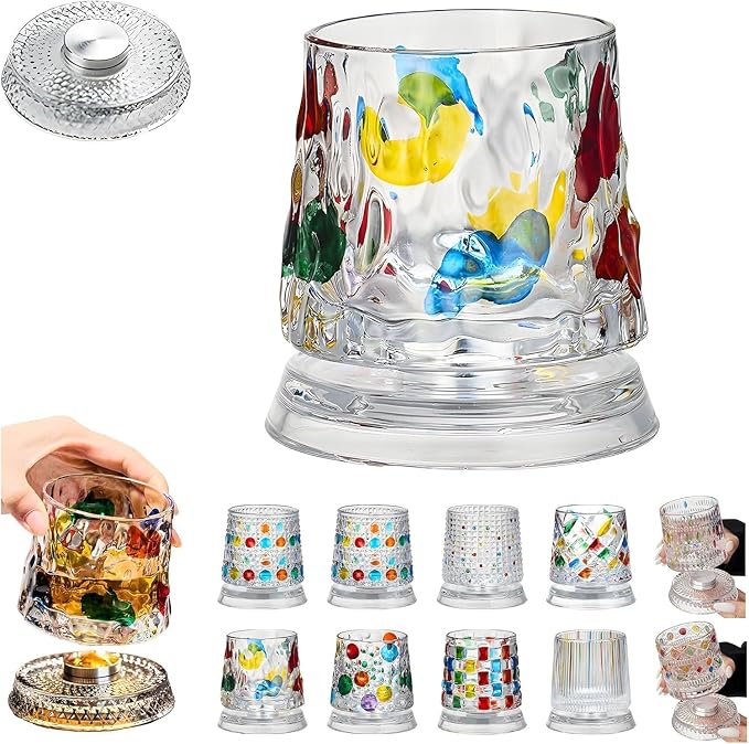 Spinning Whiskey Glasses, Vintage Colored Crystal Whiskey Glass, Hand-Painted Old Fashioned Tumbler for Bourbon, Scotch, Cocktails, Decorative Drinking Glass for Home Bar