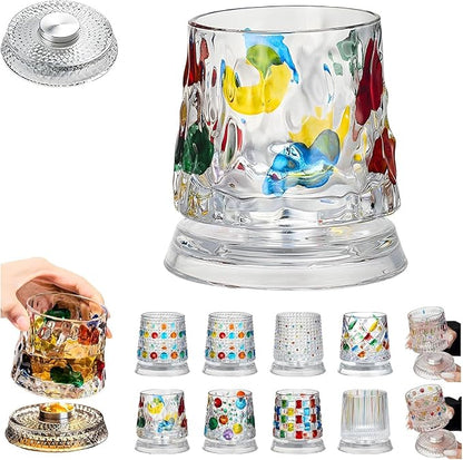 Spinning Whiskey Glasses, Vintage Colored Crystal Whiskey Glass, Hand-Painted Old Fashioned Tumbler for Bourbon, Scotch, Cocktails, Decorative Drinking Glass for Home Bar