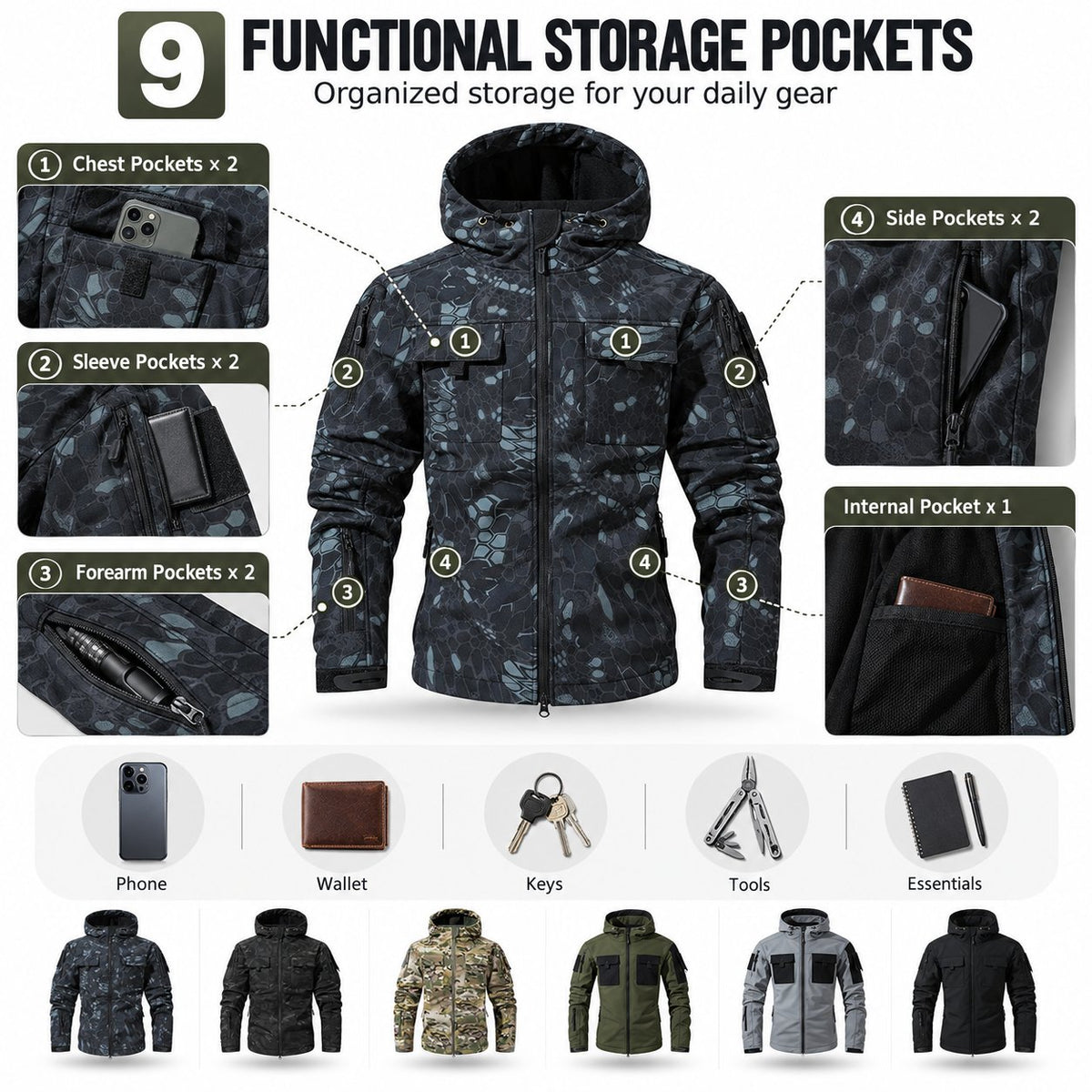 9 Pocket Tactical Hooded Jacket | Slim Fit Fleece Lined Outdoor Coat