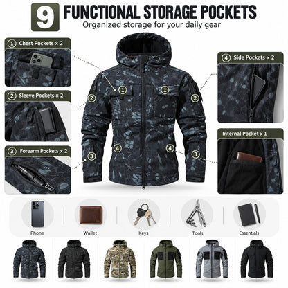 9 Pocket Tactical Hooded Jacket | Slim Fit Fleece Lined Outdoor Coat