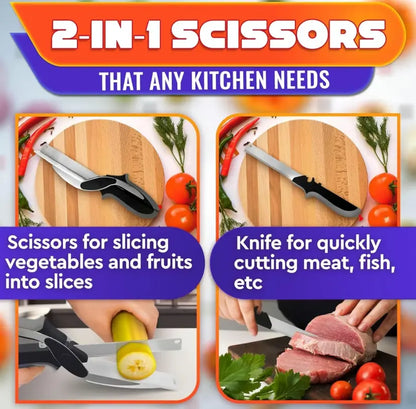 ✂️ 2-in-1 Kitchen Scissors with Built-In Cutting Board – Stainless Steel, Safety Lock