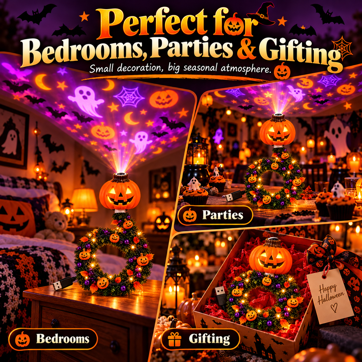 🎄🎃 Holiday Projection Wreath Light – Christmas & Halloween Ceiling Projector Decor