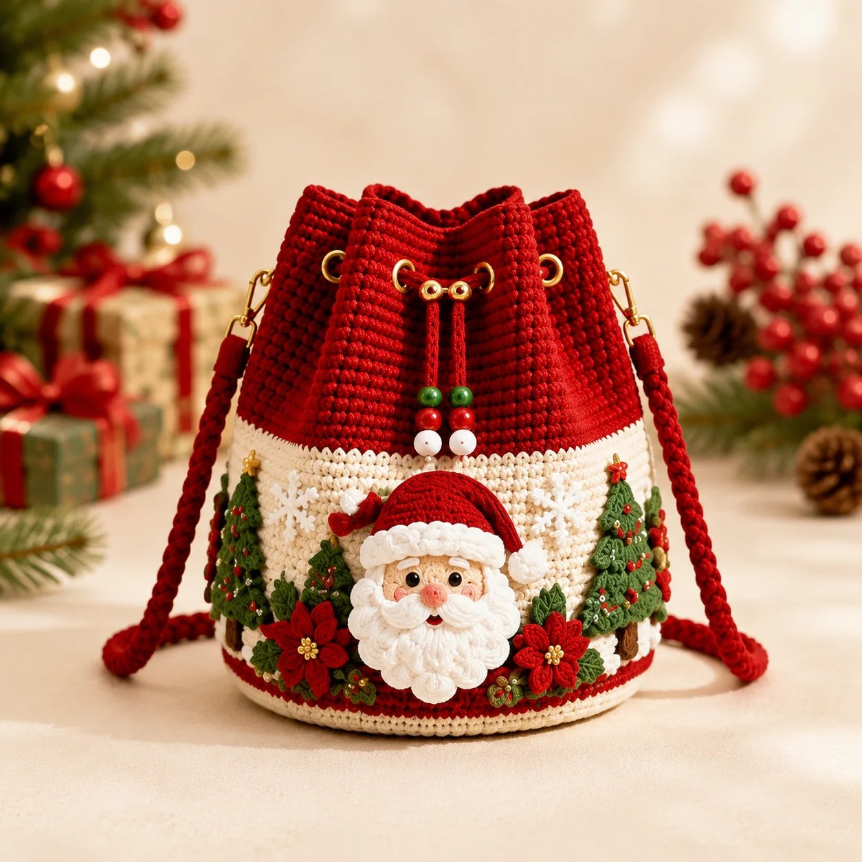 🎄Christmas Crochet Bucket Crossbody Bag 🎅 | 4 Styles Hand‑Knitted Drawstring Shoulder Purse | Festive Holiday Women Handbag Gift
