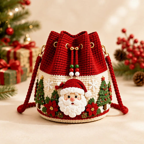 🎄Christmas Crochet Bucket Crossbody Bag 🎅 | 4 Styles Hand‑Knitted Drawstring Shoulder Purse | Festive Holiday Women Handbag Gift