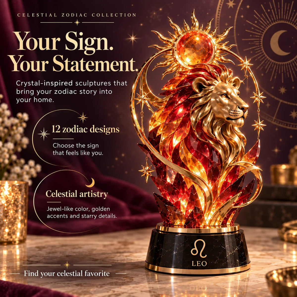 🔥HOT SALE🔥 49% OFF – 🌙 Celestial Zodiac Sculpture | 12 Jewel-Like Zodiac Designs with Golden Details ✨
