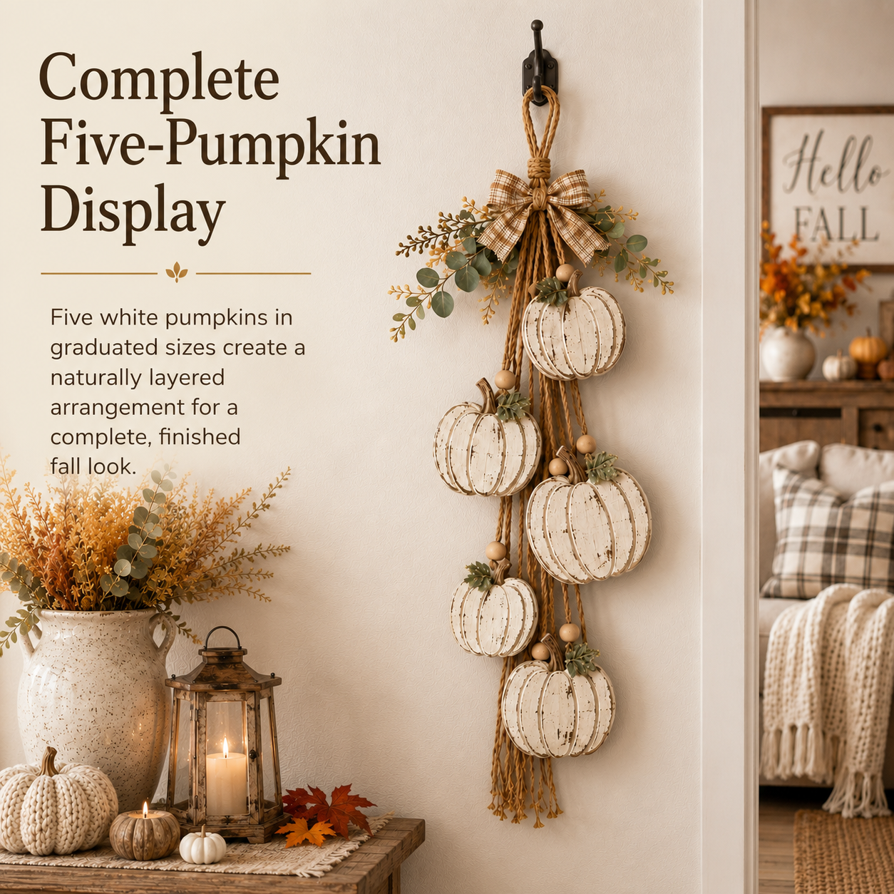 🔥BUY 2 SAVE 15% -🎃 Rustic White Pumpkin Hanging Swag – 5-Pumpkin Fall Door & Wall Decoration for Farmhouse Autumn Decor