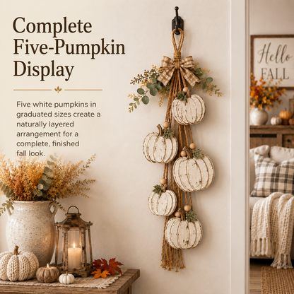 🔥BUY 2 SAVE 15% -🎃 Rustic White Pumpkin Hanging Swag – 5-Pumpkin Fall Door & Wall Decoration for Farmhouse Autumn Decor
