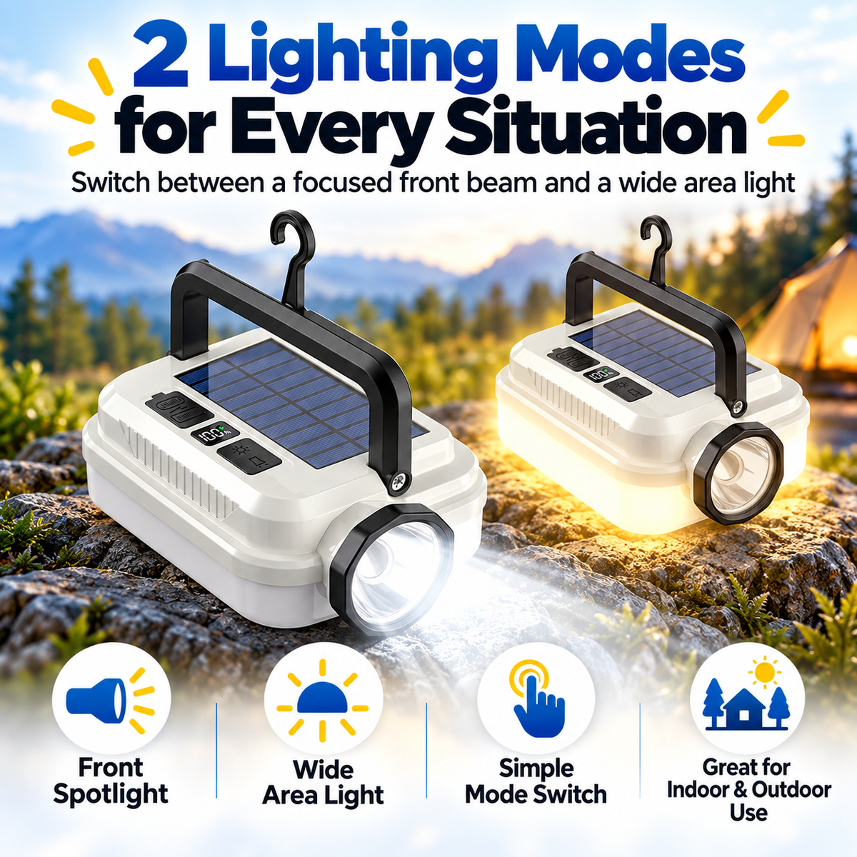 🏕️🔥Dual‑Light Solar Camping Lantern‑Multi‑Function Portable Solar Work Light with Power Bank, Hanging Emergency Lamp for Camping Hiking Power‑Outage