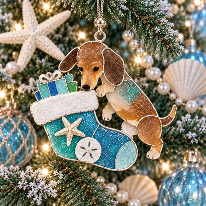 ⏰Coastal Christmas Dachshund Ornament Set – ✨6-Piece Stained Glass-Inspired Sea Glass Dog Christmas Tree Decorations, Gift for Dachshund Lovers