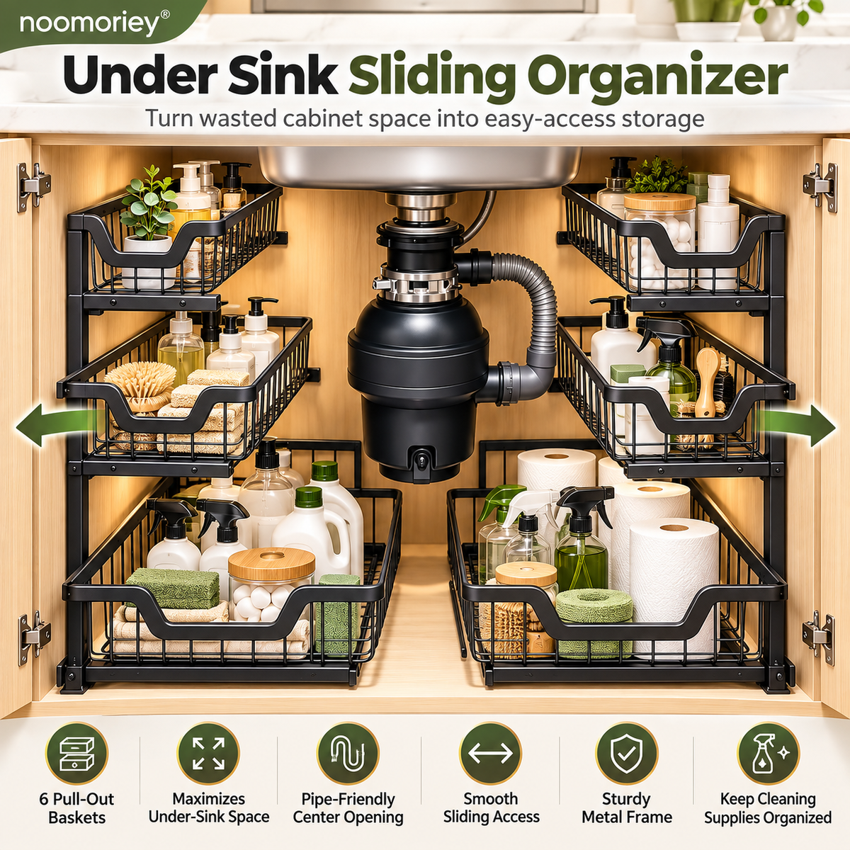 🧺 3-Tier Pull-Out Under-Sink Organizer – Metal Mesh Cabinet Storage