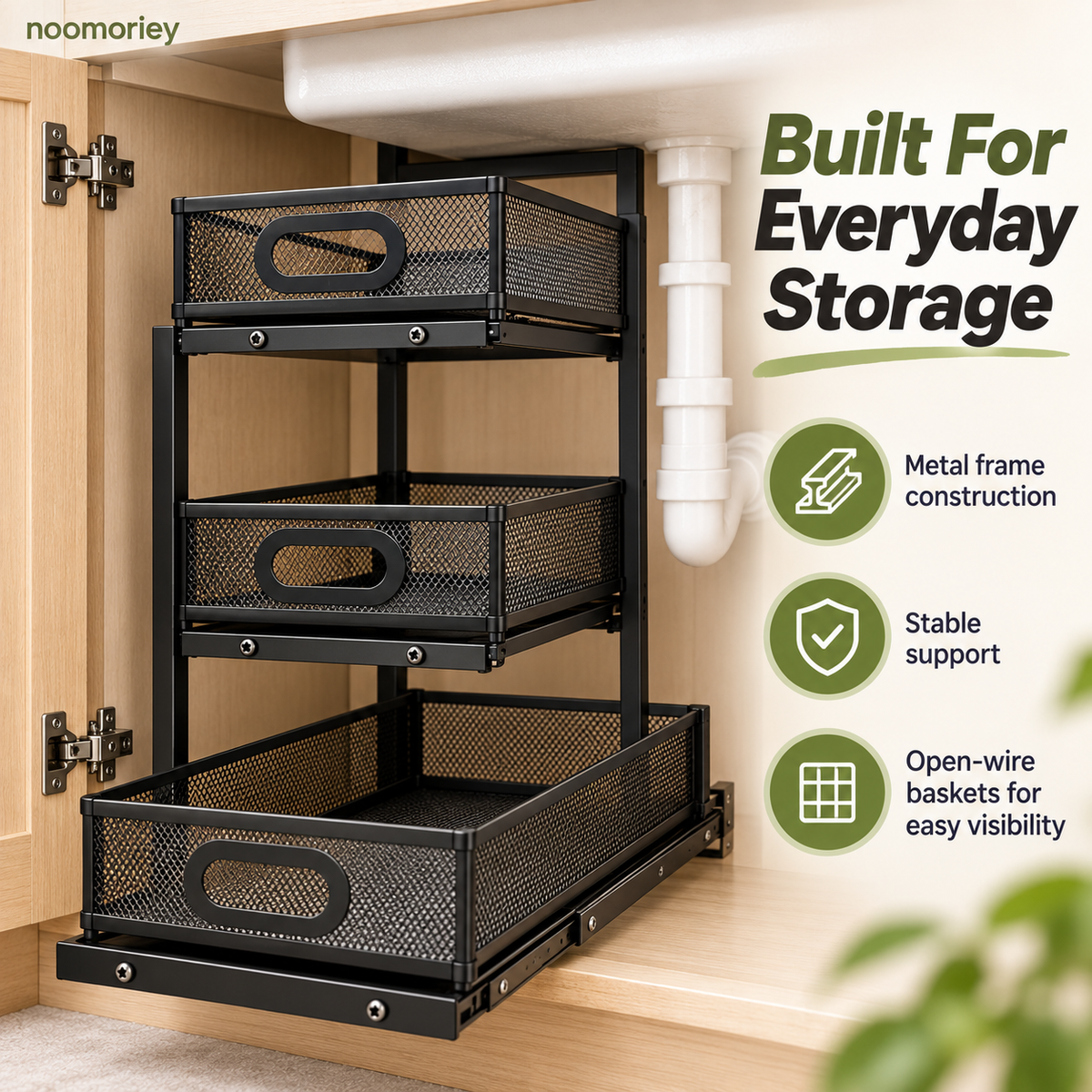 🧺 3-Tier Pull-Out Under-Sink Organizer – Metal Mesh Cabinet Storage