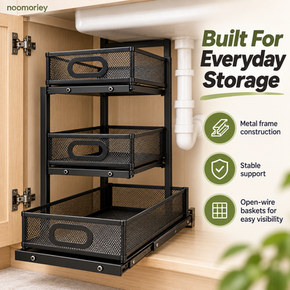 🧺 3-Tier Pull-Out Under-Sink Organizer – Metal Mesh Cabinet Storage