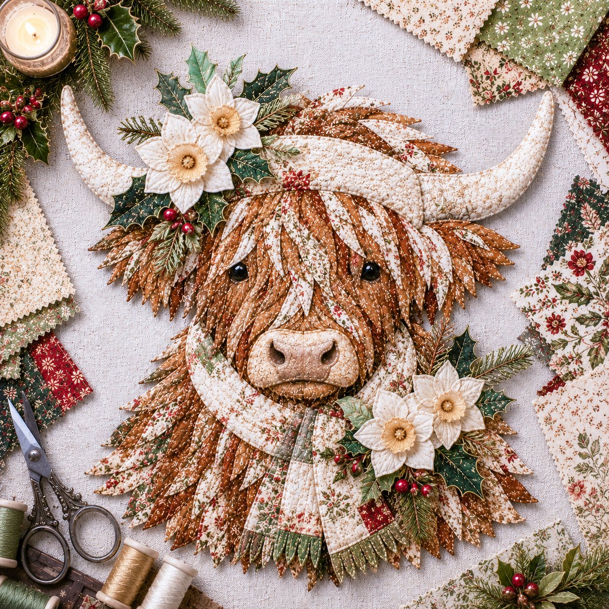 🐮Birth Flower Highland Cow 3D Layered Fabric Art DIY Kit (Beginner-friendly