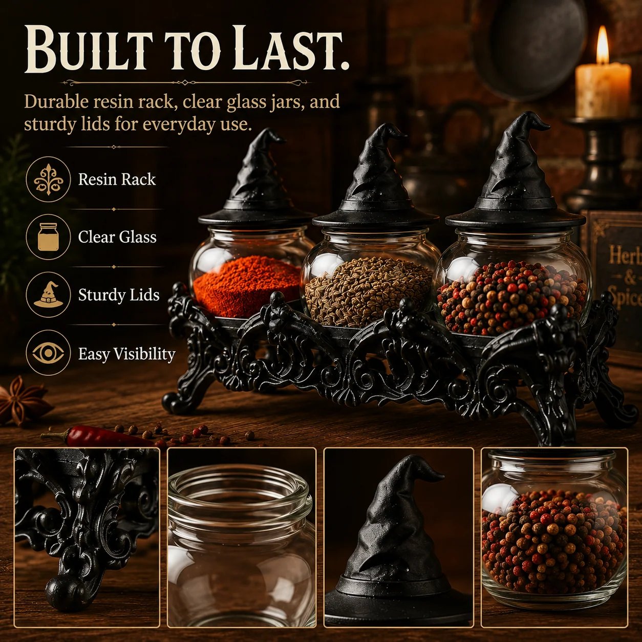 🧙‍♀️Witch-Hat Gothic Spice Jar Set — Ornate Resin Rack + 3 Glass Jars