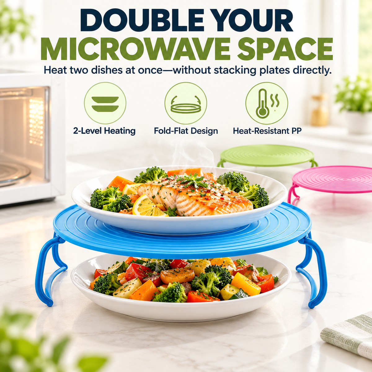 🍽️ 2-in-1 Microwave Plate Stacker & Heat-Resistant Trivet – Double Your Microwave Space