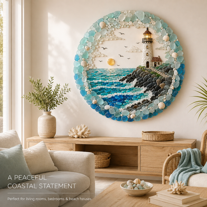 🌊 Coastal Lighthouse Pebble Wall Art with Textured Ocean Stone Design