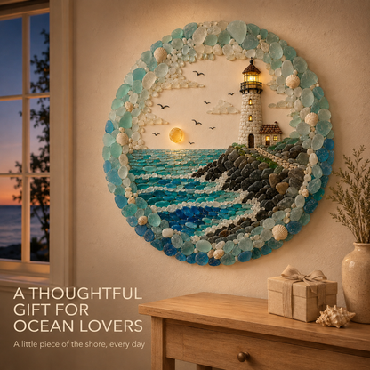 🌊 Coastal Lighthouse Pebble Wall Art with Textured Ocean Stone Design