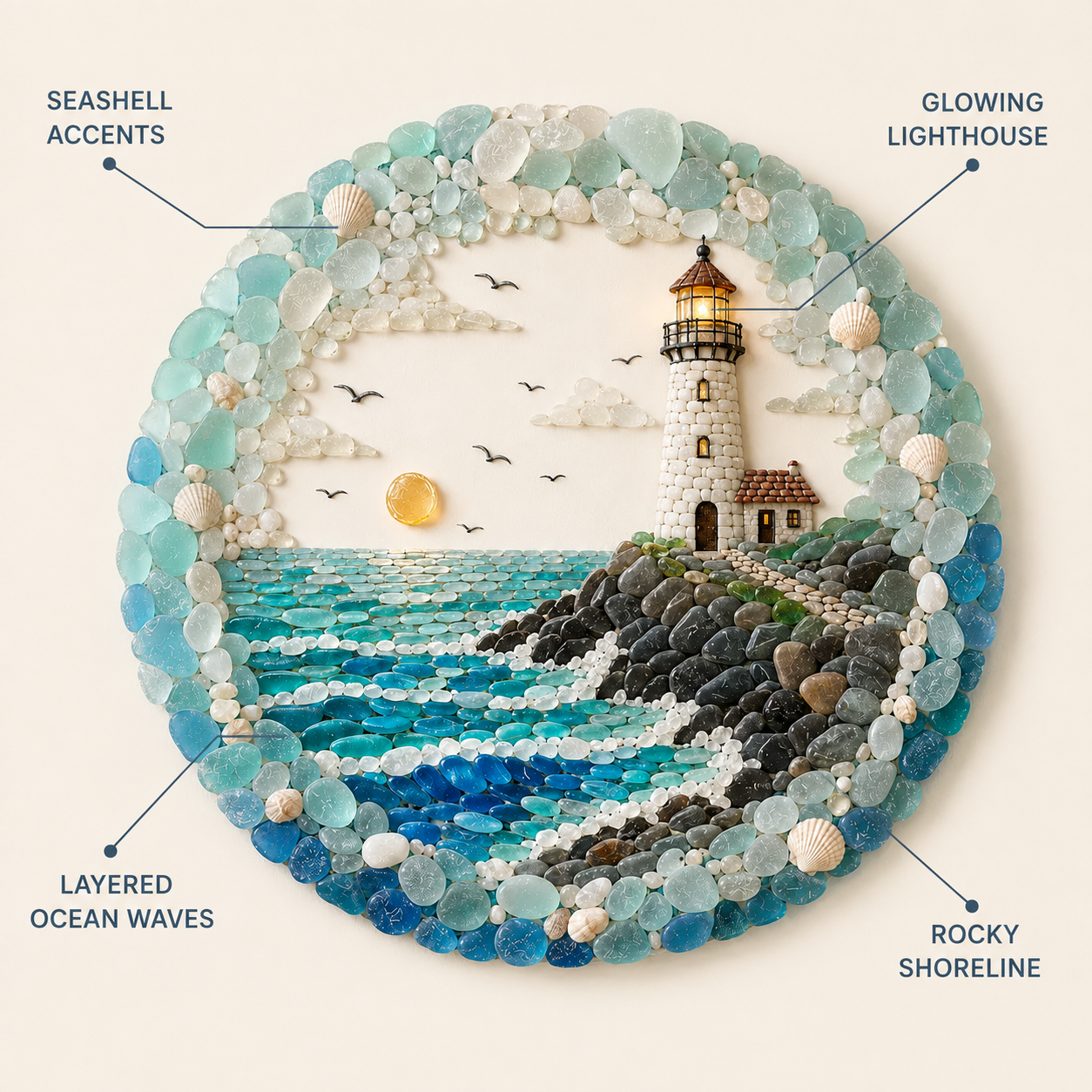 🌊 Coastal Lighthouse Pebble Wall Art with Textured Ocean Stone Design