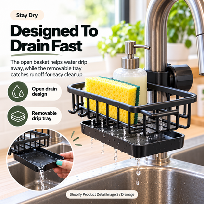 🧽Faucet-Mounted Kitchen Sink Organizer – Adjustable No-Drill Sponge & Brush Holder with Removable Drip Tray