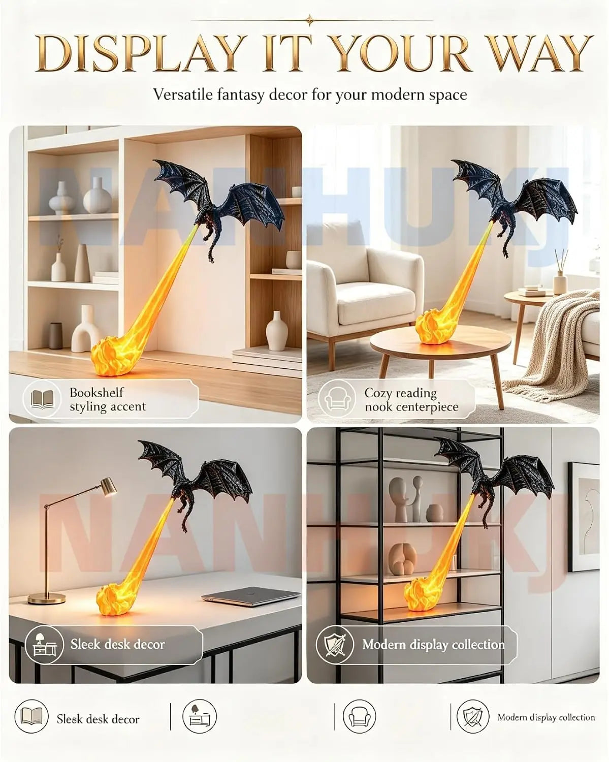 Dragon Flame Book Nook with Light | 3D Printed Mystical Dragon Bookshelf Decor🐉