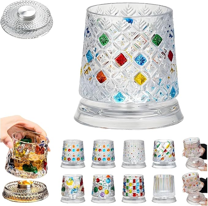 Spinning Whiskey Glasses, Vintage Colored Crystal Whiskey Glass, Hand-Painted Old Fashioned Tumbler for Bourbon, Scotch, Cocktails, Decorative Drinking Glass for Home Bar