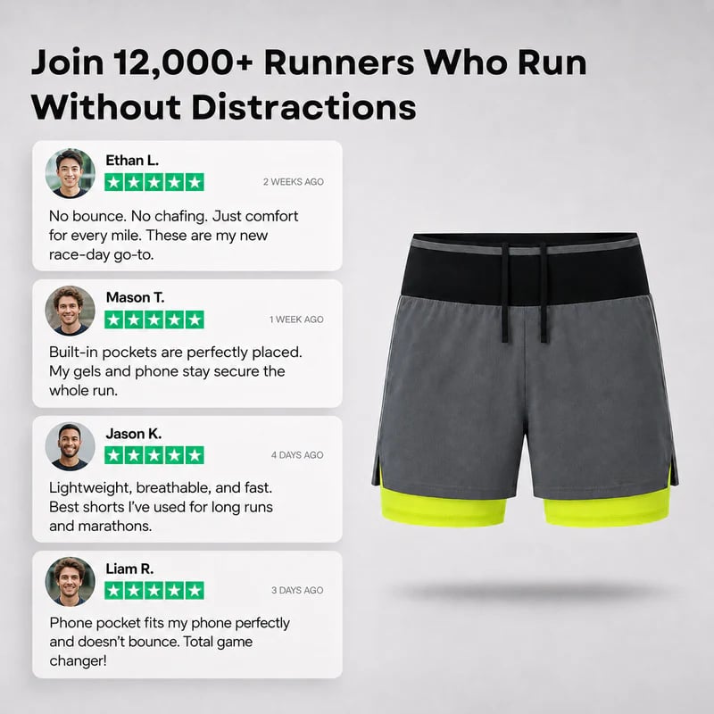 Marathon Pro Shorts — Front Mesh Storage Belt · Right Inner Liner Phone Pocket · Rear Zip Pocket · Anti-Chafe Liner