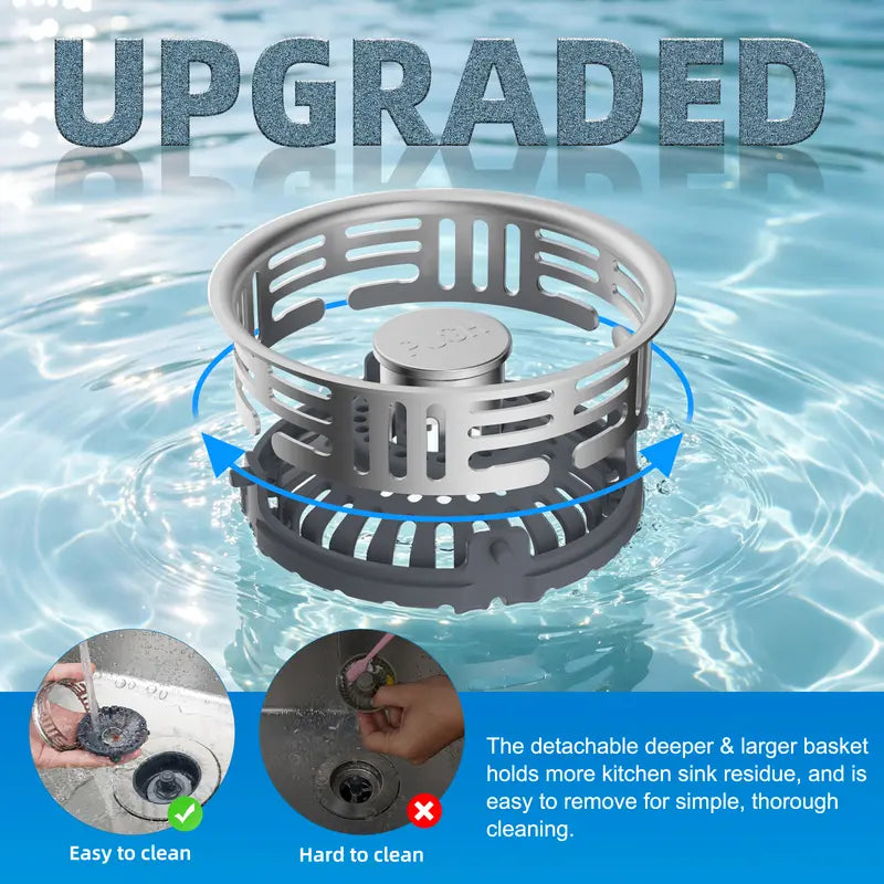 🚰 3-in-1 Stainless Steel Sink Strainer & Pop-Up Stopper – Removable Basket for 3½″ Drains ✨