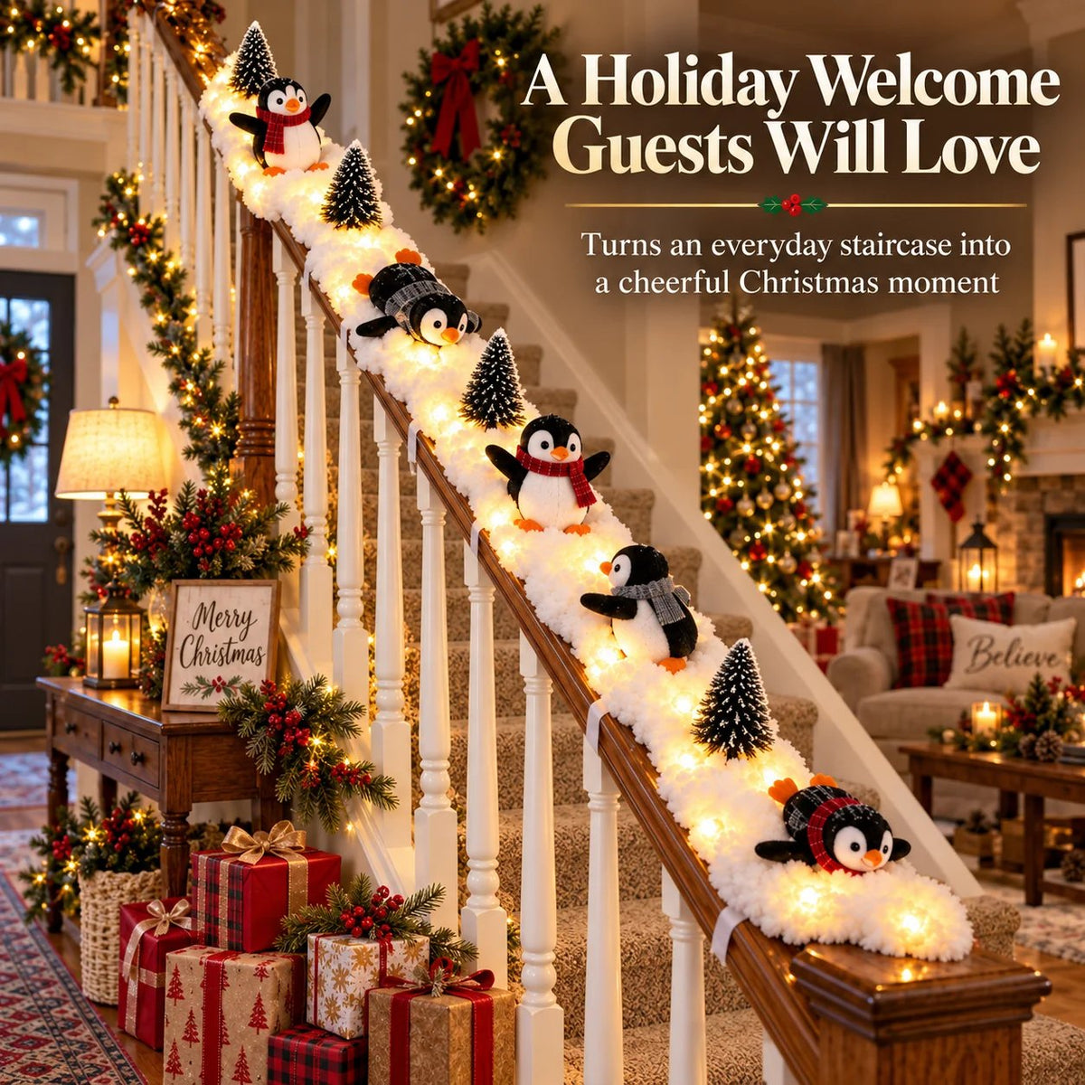 🔥Buy 2 Get 10% OFF🔥Playful Penguin Snowy Stair Railing Decor