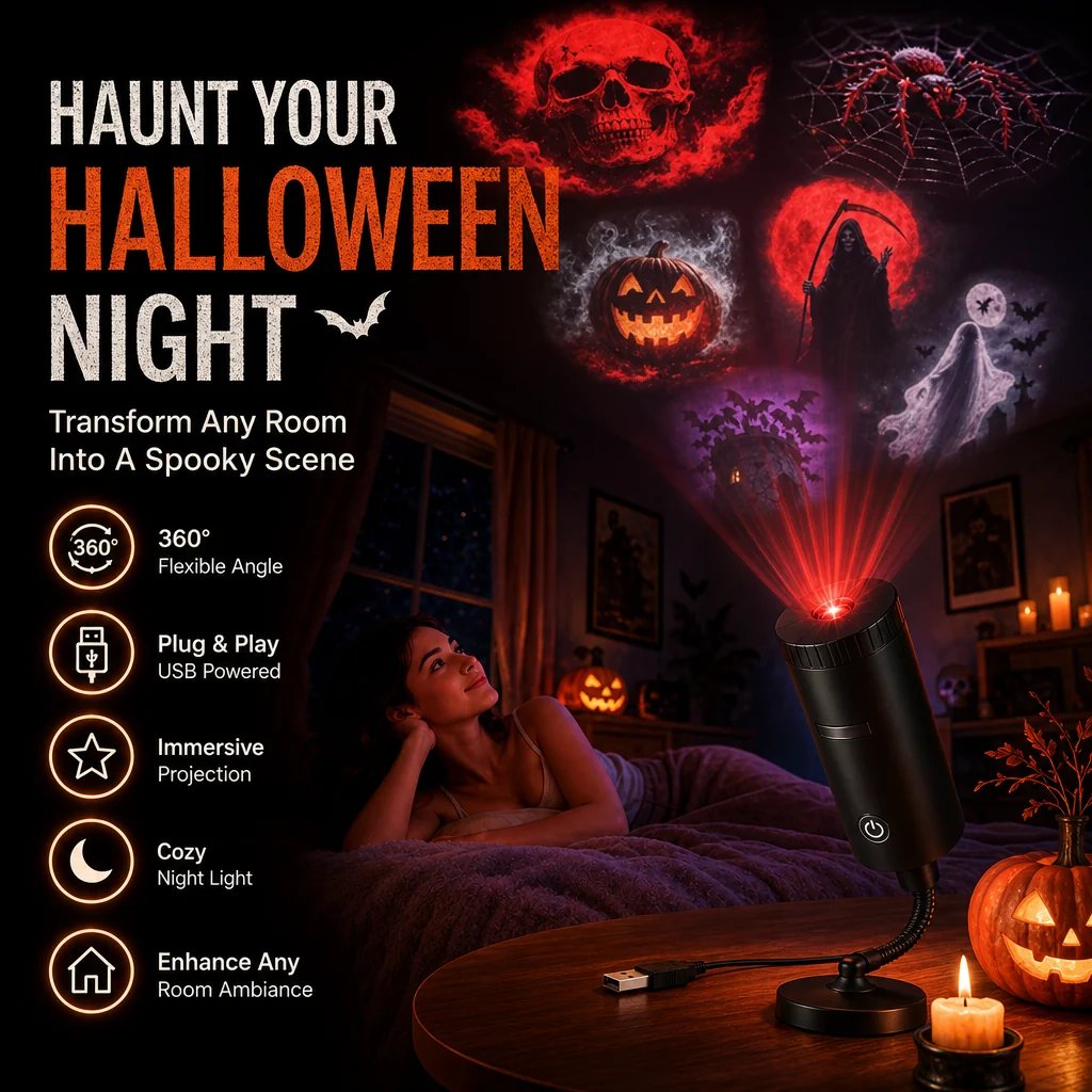 🎃 Plug-&-Play HD Halloween Projector – 6-Disc Spooky Projection Set