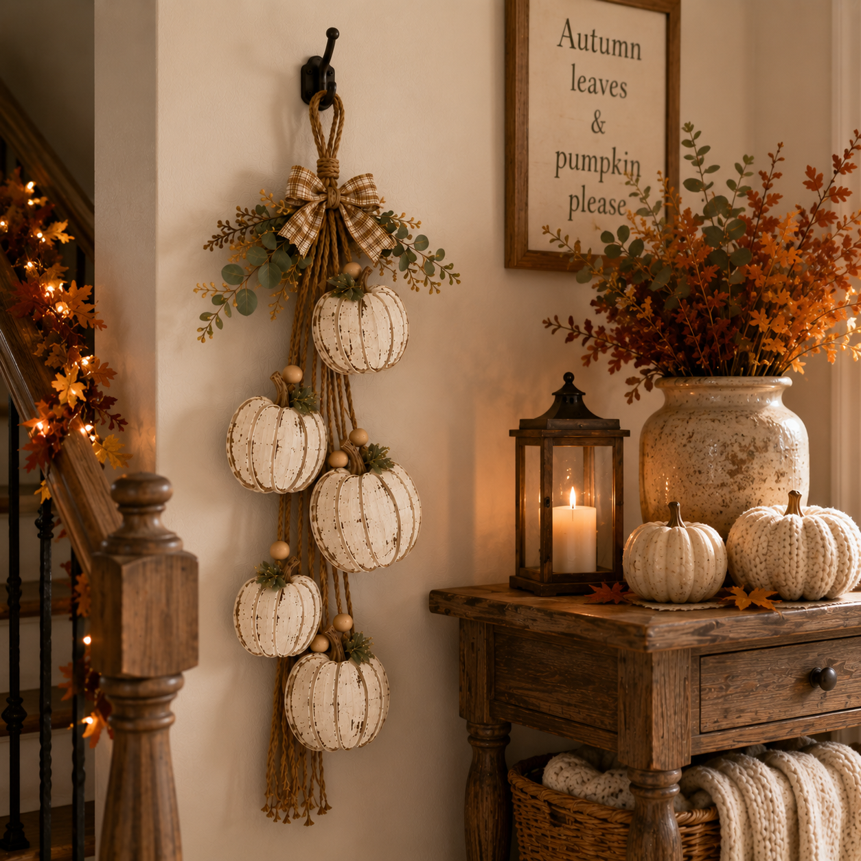 🔥BUY 2 SAVE 15% -🎃 Rustic White Pumpkin Hanging Swag – 5-Pumpkin Fall Door & Wall Decoration for Farmhouse Autumn Decor