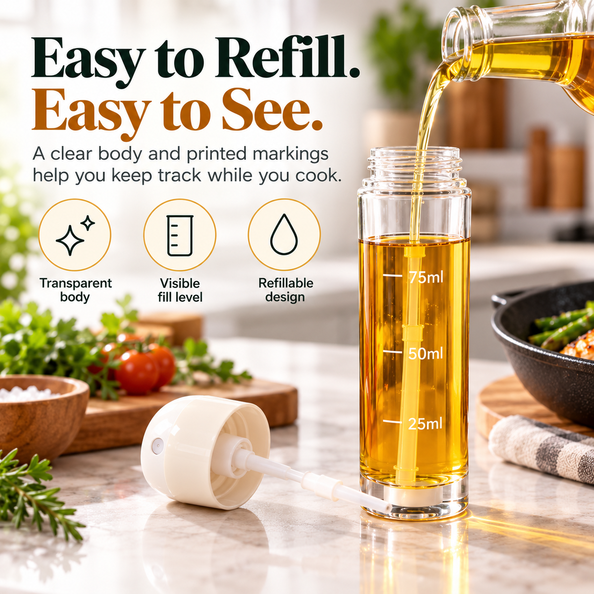 🍳✨Refillable Fine Mist Olive Oil Sprayer – Even Spray Cooking Oil Dispenser for Air Fryers, Grilling, Baking & Everyday Kitchen Use