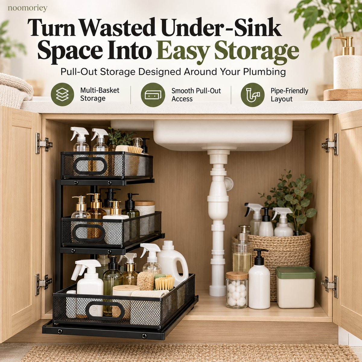 🧺 3-Tier Pull-Out Under-Sink Organizer – Metal Mesh Cabinet Storage